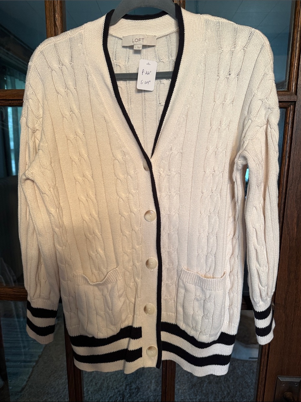 LOFT Cream Cable-Knit Cardigan with Black Trim and Striped Hem